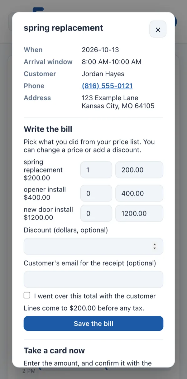 The job on a phone: time, customer, address and the bill to write.