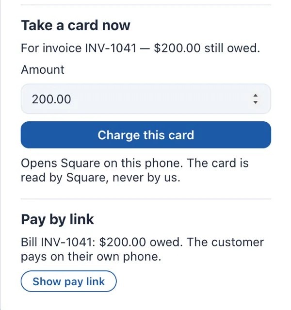 Taking payment on a phone: charge a card, or send a pay link.