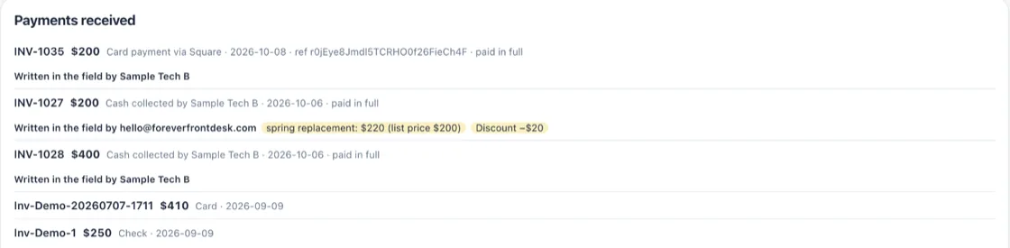 Payments received: each invoice marked paid in full.