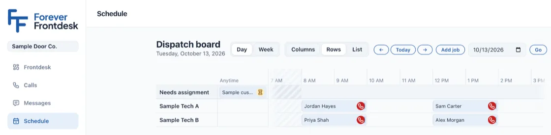 The schedule for one day: four booked jobs across two team members.